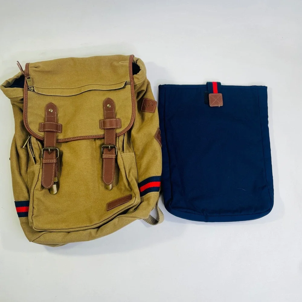 Tommy Hilfiger Canvas Rucksack Backpack Khaki Tan Brown Leather Trim Laptop Bag